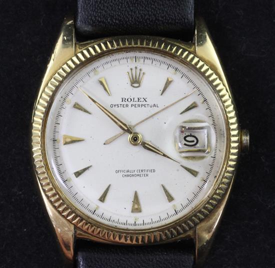 A gentlemans 1950s/1960s 18ct gold Rolex Oyster Perpetual wrist watch, lacking winding crown.